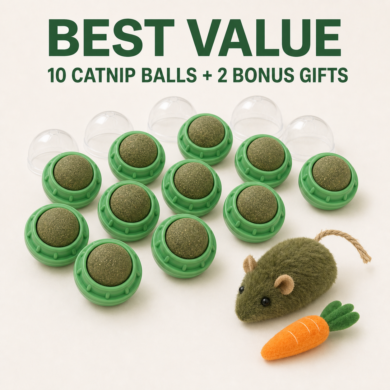 KENLII Best Value bundle with 10 catnip ball units, mouse toy and carrot toy