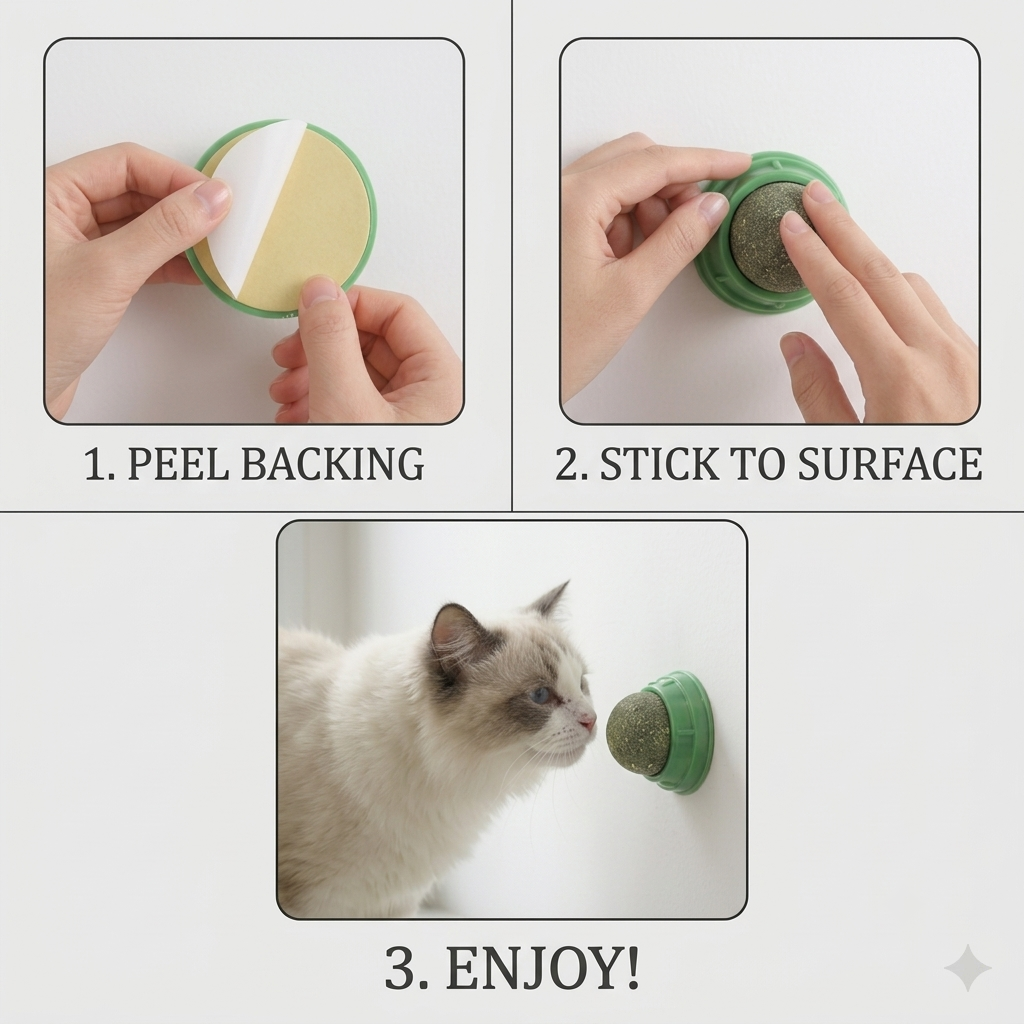 Three-step installation guide for the green Kenlii catnip lick ball