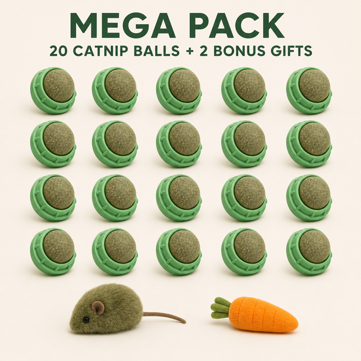 KENLII Mega Pack with 20 catnip ball units, mouse toy and carrot toy