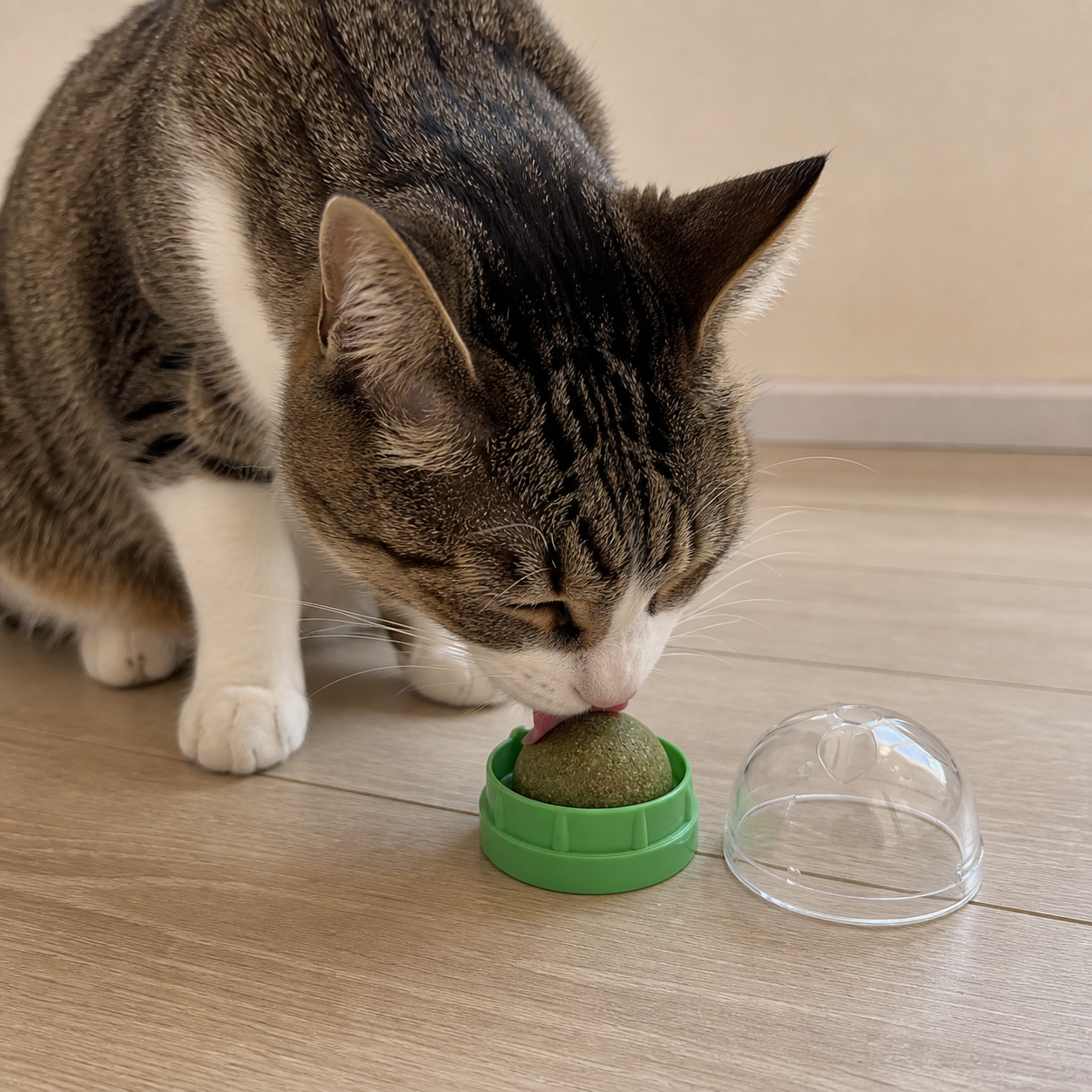Cat using the green Kenlii rotating catnip lick ball